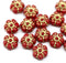 8mm Red daisy flower czech glass beads, golden inlays, 15pc