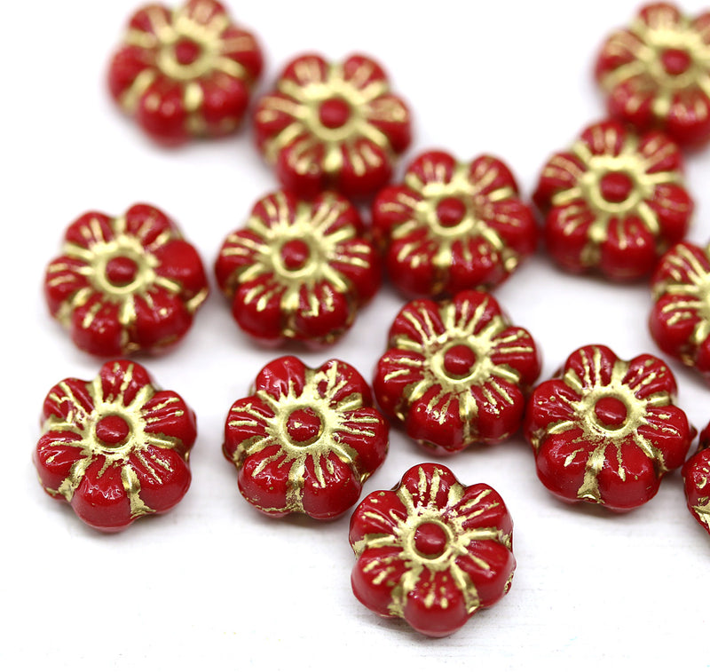 8mm Red daisy flower czech glass beads, golden inlays, 15pc