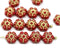 8mm Red daisy flower czech glass beads, golden inlays, 15pc