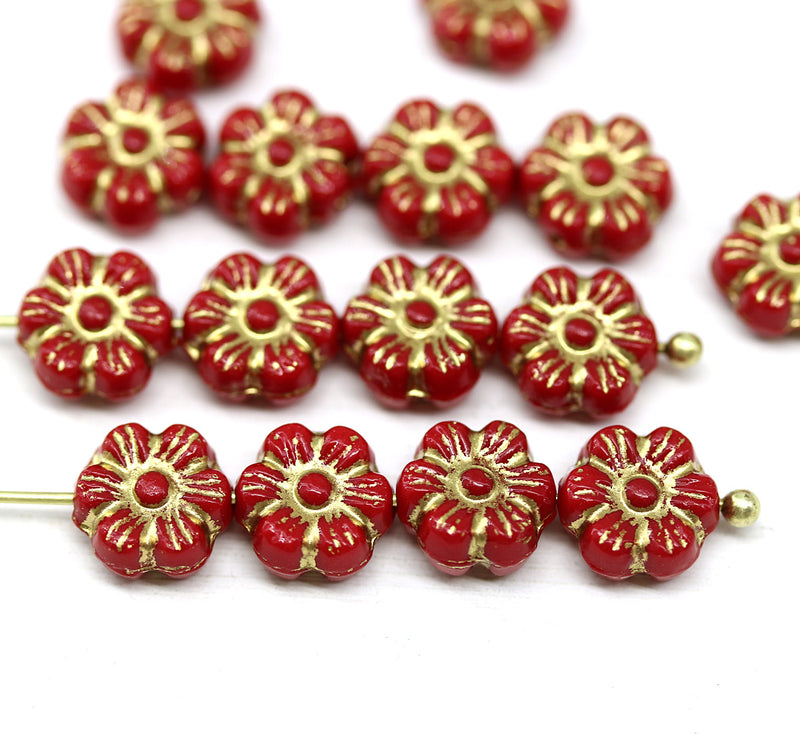 8mm Red daisy flower czech glass beads, golden inlays, 15pc