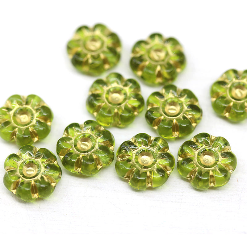 10mm Green gold flower czech glass bead, 10pc