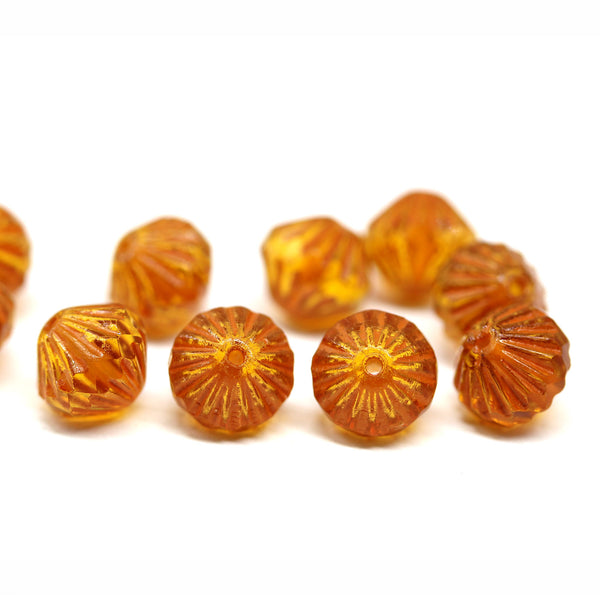 9mm Orange stripes czech glass bicone fire polished beads, 10Pc