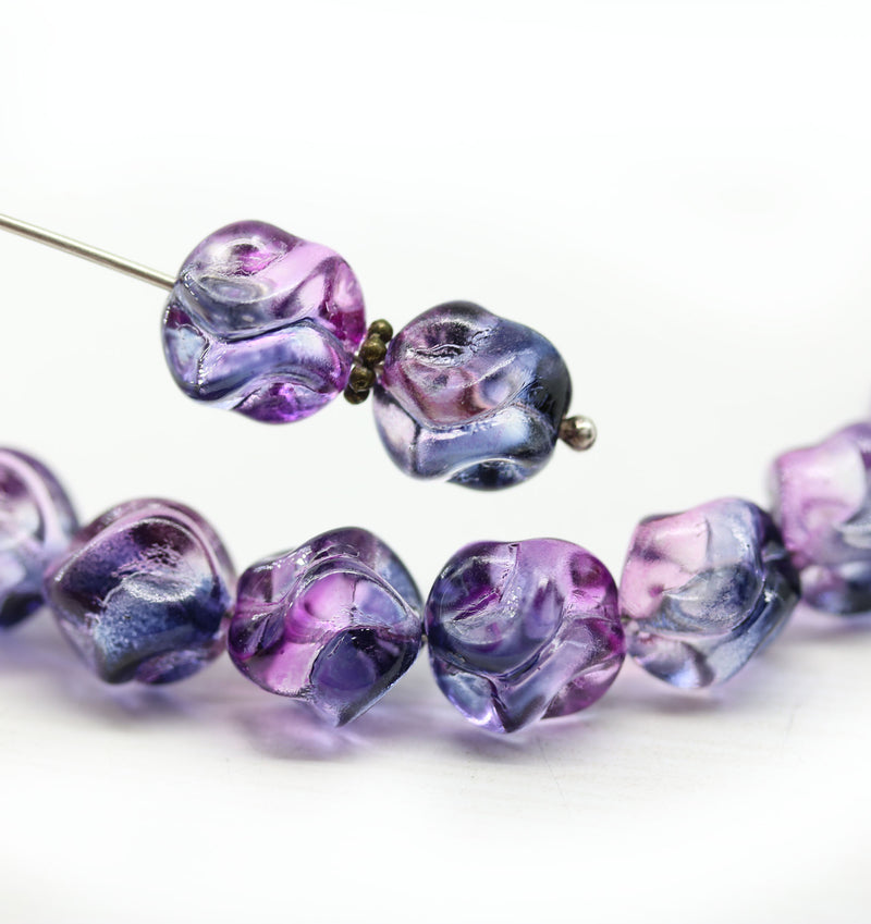 10mm Blue lilac swirly round druk Czech glass pressed beads - 10pc