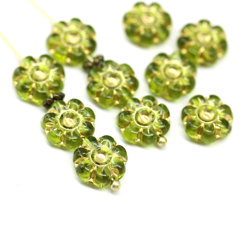 10mm Green gold flower czech glass bead, 10pc