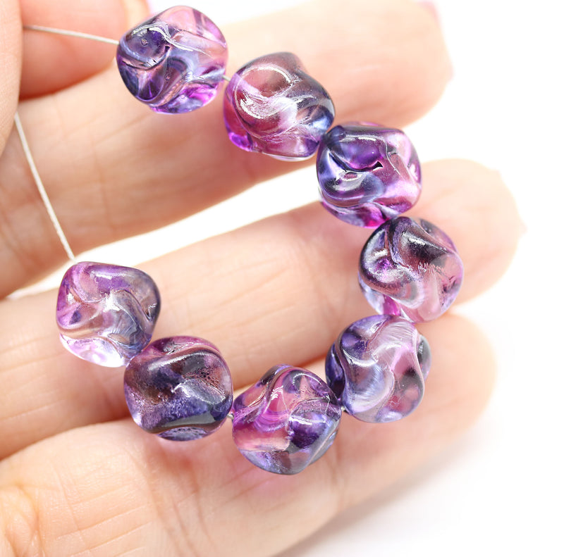 10mm Blue lilac swirly round druk Czech glass pressed beads - 10pc