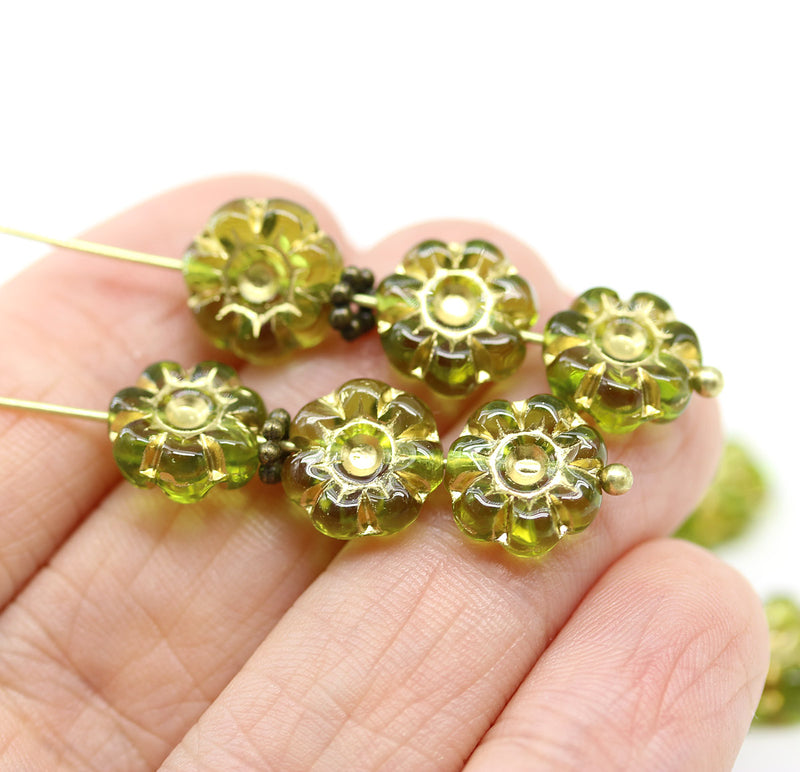 10mm Green gold flower czech glass bead, 10pc