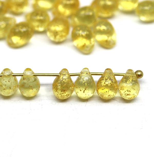 5x7mm Light yellow gold wash teardrops pressed czech glass beads