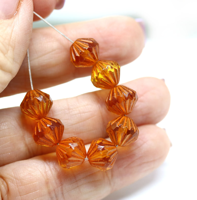 9mm Orange stripes czech glass bicone fire polished beads, 10Pc