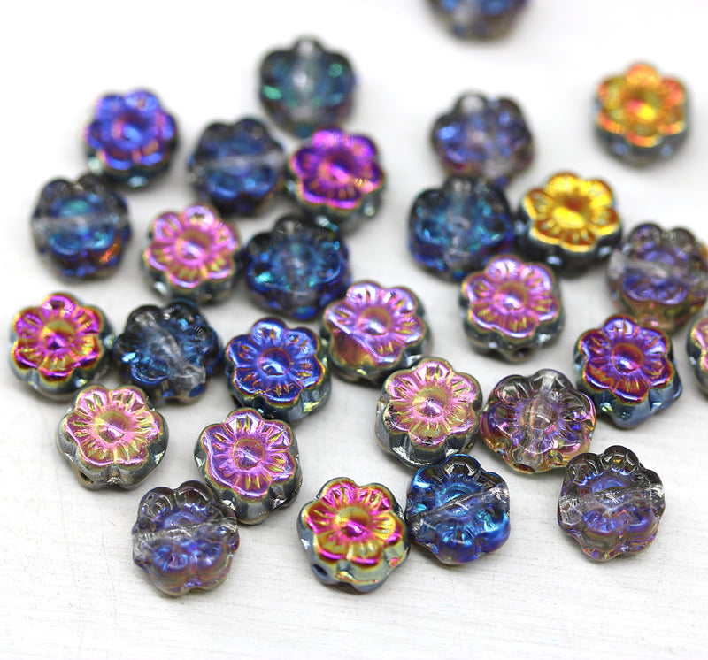 6mm Grey blue luster daisy flower czech glass beads, 30pc
