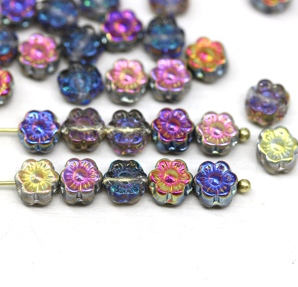 6mm Grey blue luster daisy flower czech glass beads, 30pc