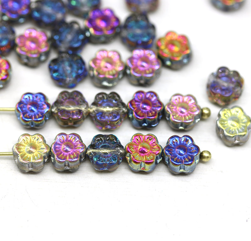 6mm Grey blue luster daisy flower czech glass beads, 30pc