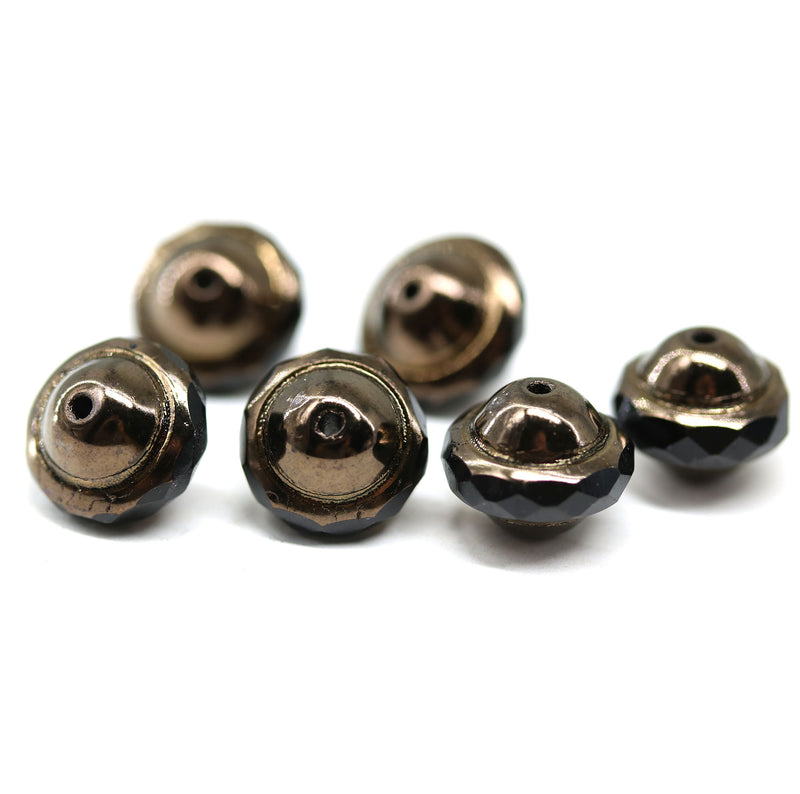 8x10mm Black saucer Czech glass beads UFO shape bronze luster - 6Pc