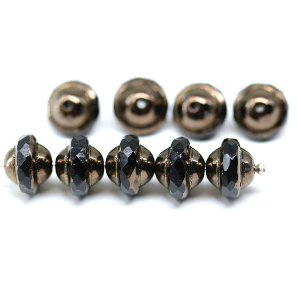 8x10mm Black saucer Czech glass beads UFO shape bronze luster - 6Pc