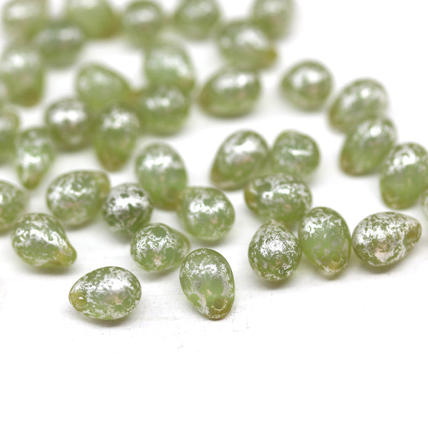 5x7mm Frosted green teardrops pressed czech glass beads, silver wash