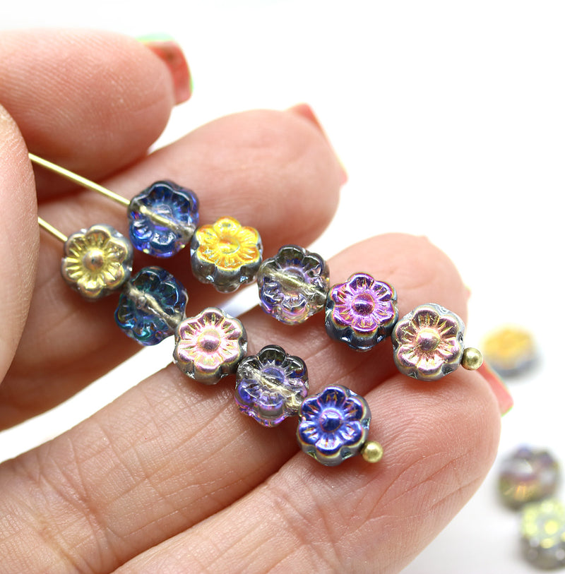6mm Grey blue luster daisy flower czech glass beads, 30pc