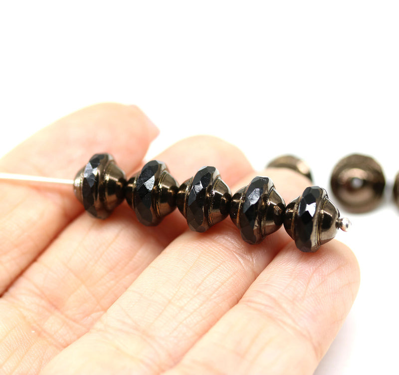 8x10mm Black saucer Czech glass beads UFO shape bronze luster - 6Pc