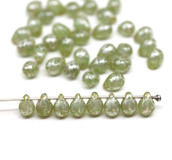 5x7mm Frosted green teardrops pressed czech glass beads, silver wash