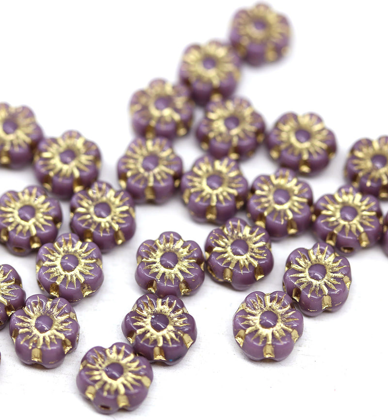 6mm Violet purple daisy flower czech glass beads gold inlays, 30pc