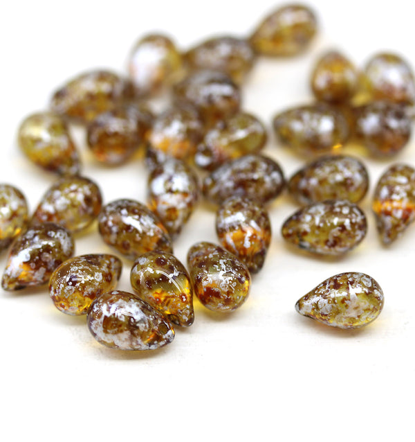 6x9mm Picasso brown teardrop czech glass beads, silver wash