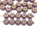 6mm Violet purple daisy flower czech glass beads gold inlays, 30pc