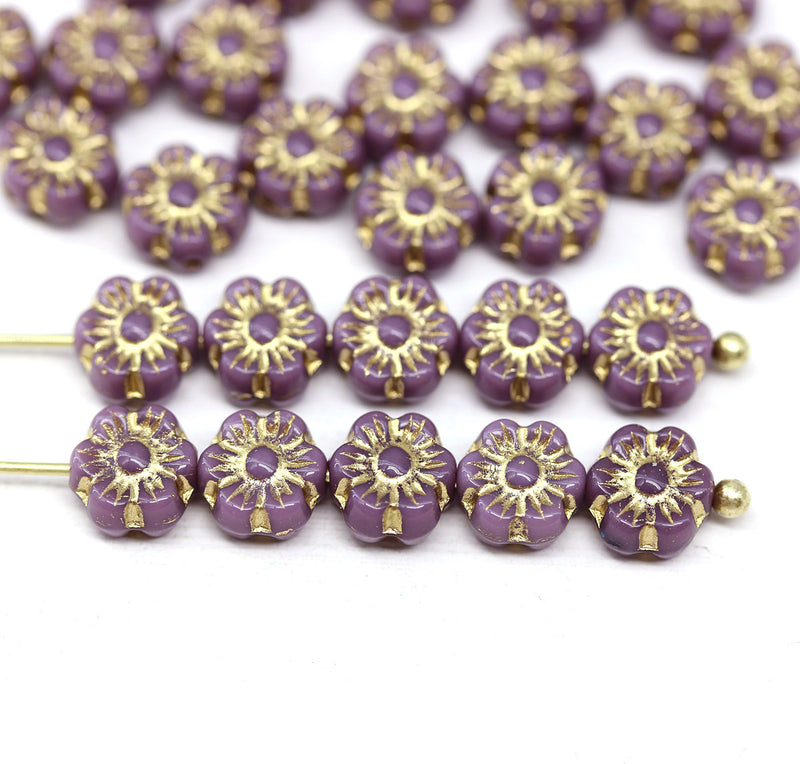 6mm Violet purple daisy flower czech glass beads gold inlays, 30pc