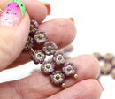 6mm Violet purple daisy flower czech glass beads gold inlays, 30pc