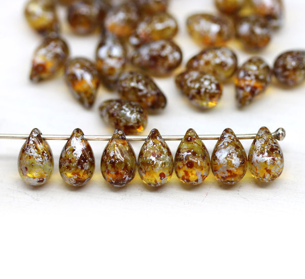 6x9mm Picasso brown teardrop czech glass beads, silver wash