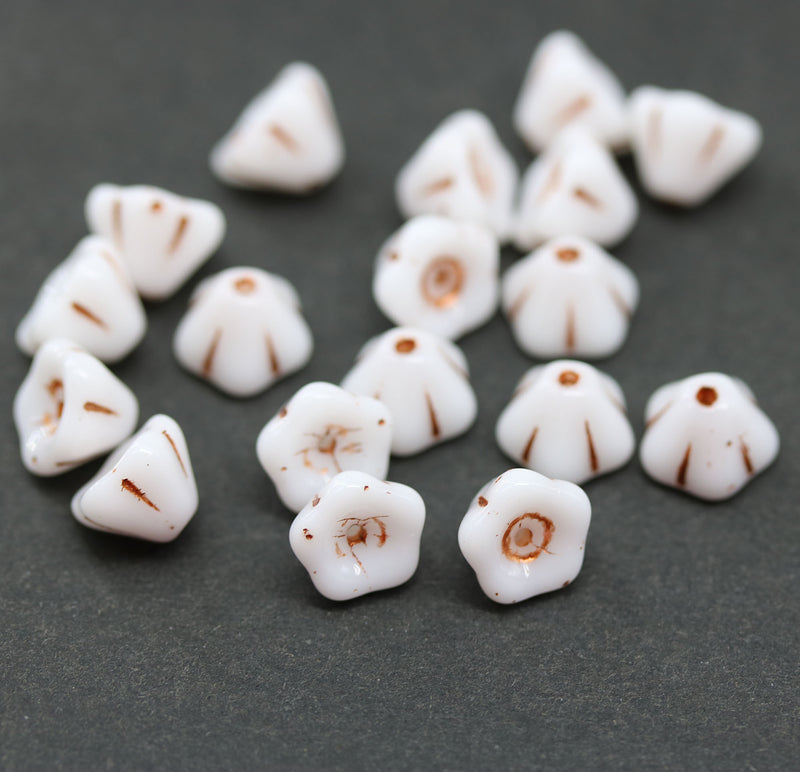 6x8mm White czech glass bell flower cups copper inlays small floral beads 20Pc