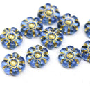 10mm Blue gold flower czech glass bead, 10pc