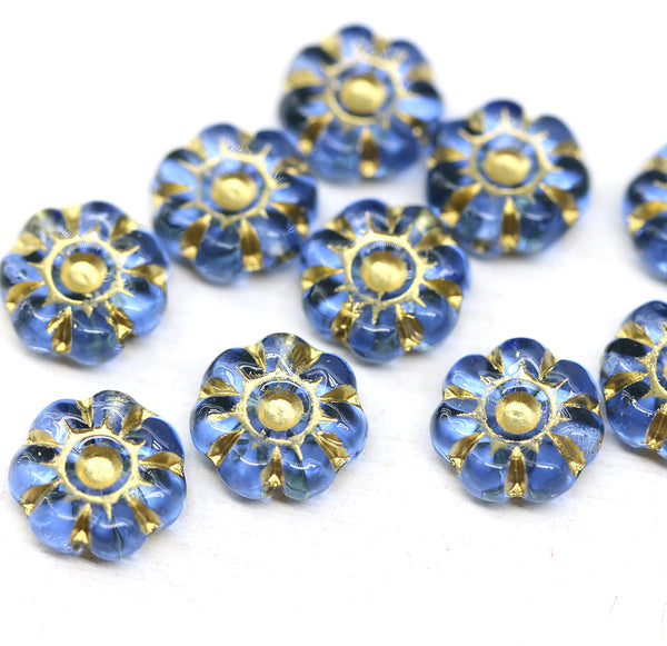 10mm Blue gold flower czech glass bead, 10pc
