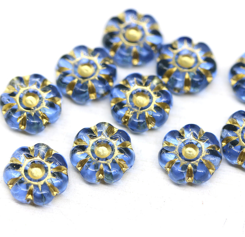 10mm Blue gold flower czech glass bead, 10pc