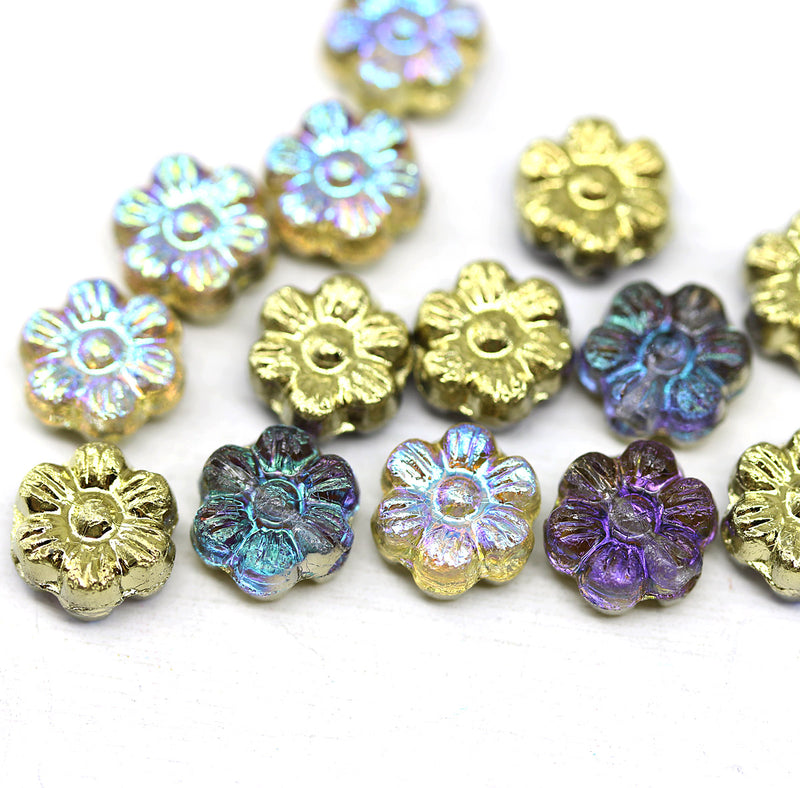 8mm Golden daisy flower czech glass beads, 15pc
