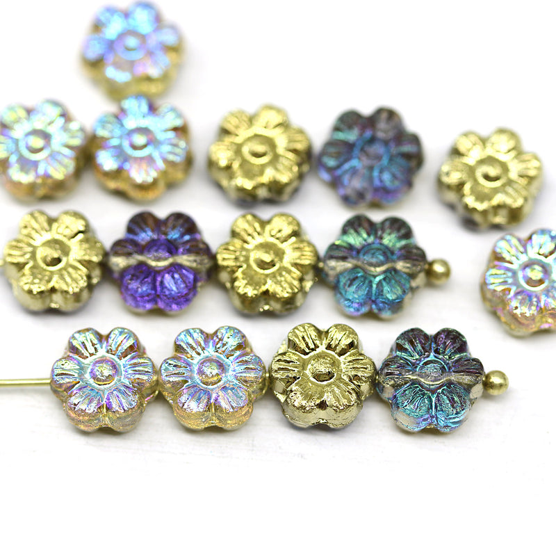 8mm Golden daisy flower czech glass beads, 15pc
