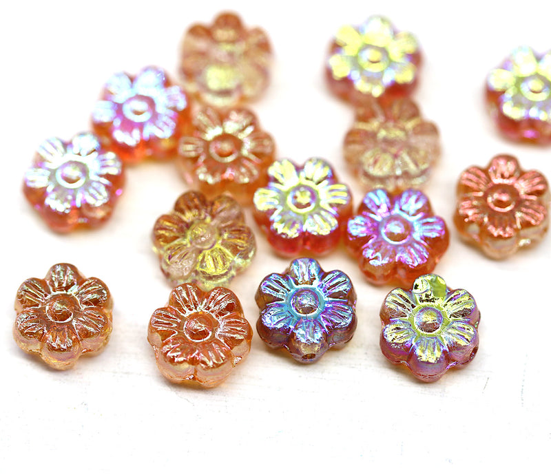 8mm Peach daisy flower czech glass beads, 15pc