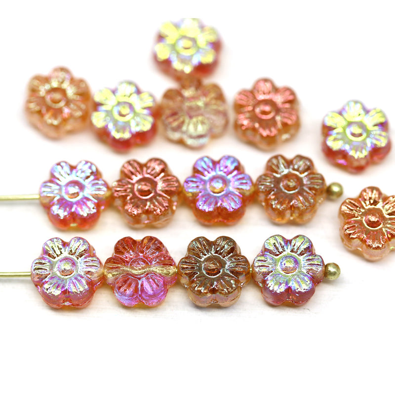 8mm Peach daisy flower czech glass beads, 15pc