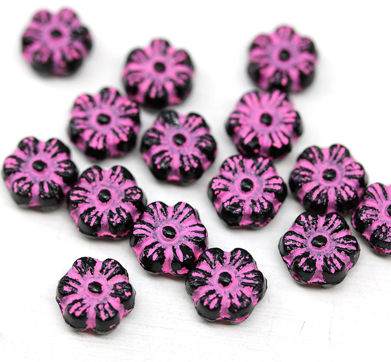 8mm Black pink daisy flower czech glass beads, 15pc