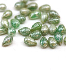 6x9mm Opal green teardrop czech glass beads, silver wash