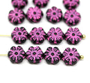 8mm Black pink daisy flower czech glass beads, 15pc