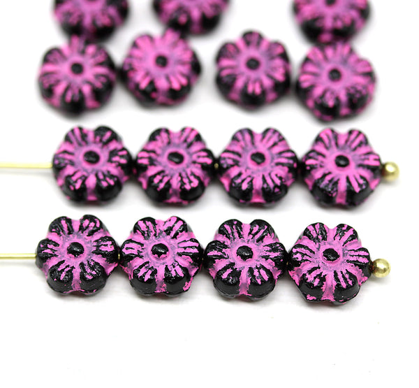 8mm Black pink daisy flower czech glass beads, 15pc