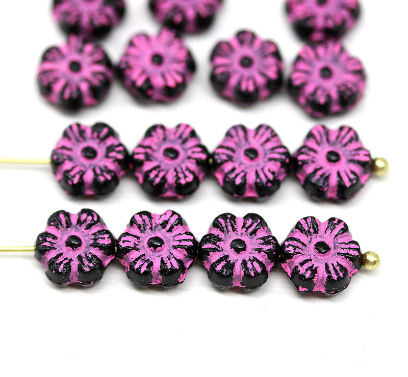 8mm Black pink daisy flower czech glass beads, 15pc