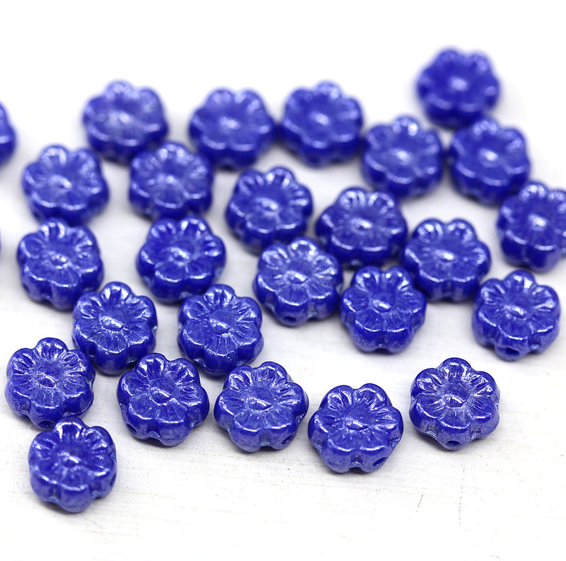 6mm Navy blue daisy flower czech glass beads, 30pc