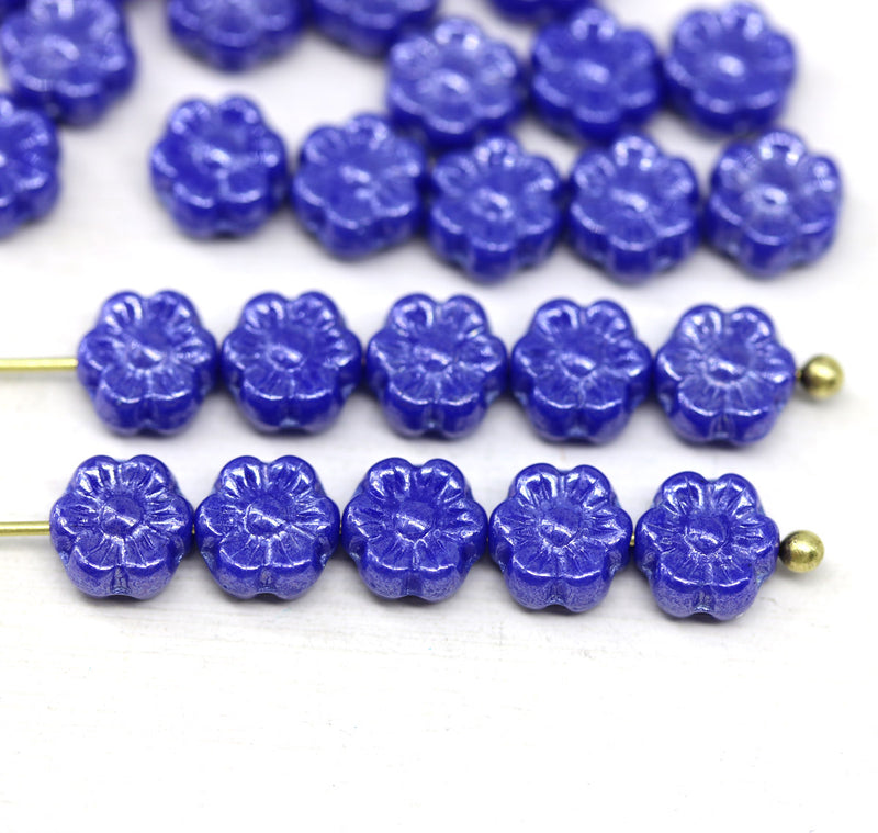 6mm Navy blue daisy flower czech glass beads, 30pc