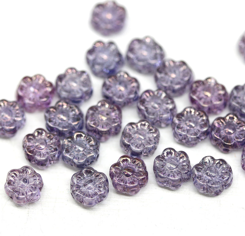 6mm Purple daisy flower czech glass beads, 30pc