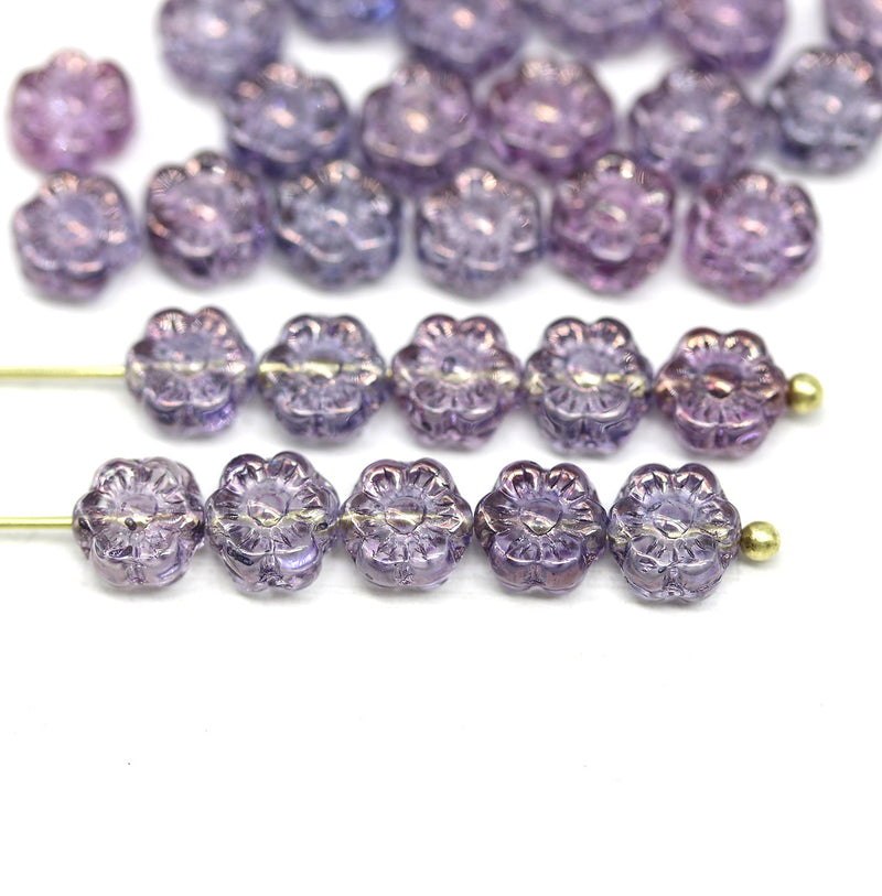 6mm Purple daisy flower czech glass beads, 30pc