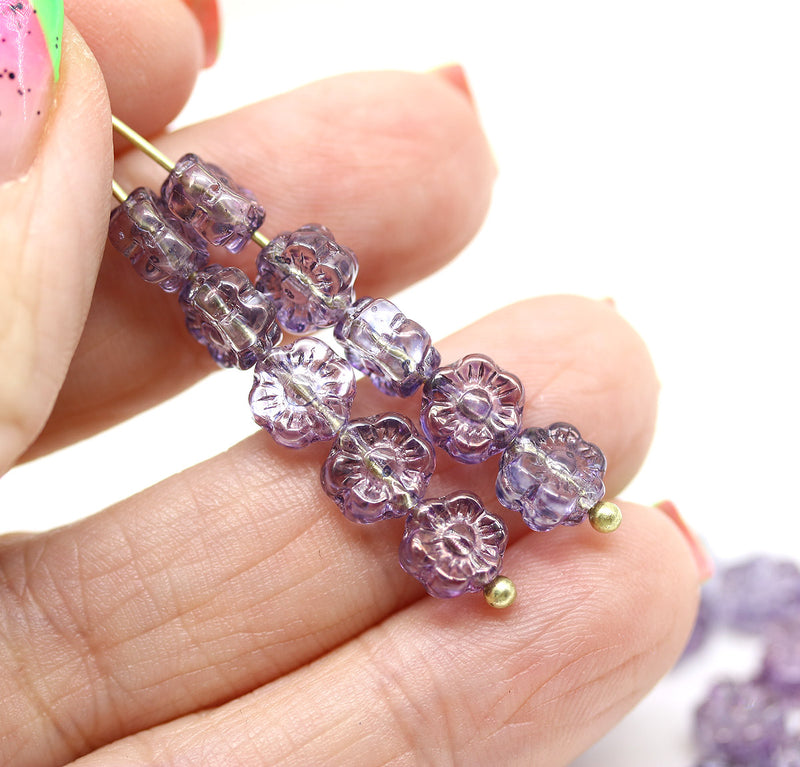 6mm Purple daisy flower czech glass beads, 30pc