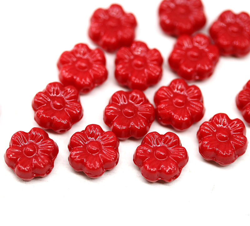 8mm Red daisy flower czech glass beads, 15pc