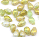 6x9mm White green teardrop czech glass beads, golden wash