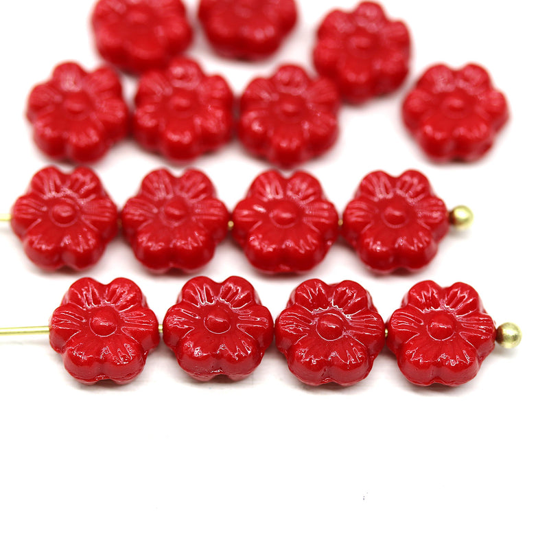 8mm Red daisy flower czech glass beads, 15pc