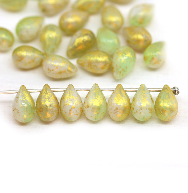 6x9mm White green teardrop czech glass beads, golden wash
