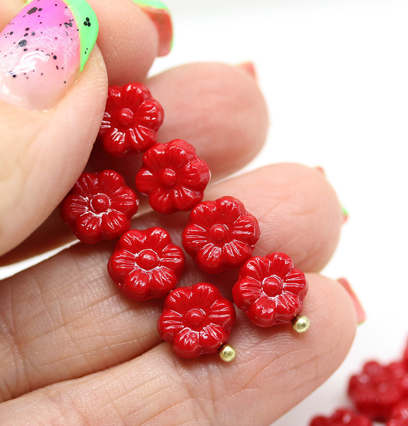 8mm Red daisy flower czech glass beads, 15pc